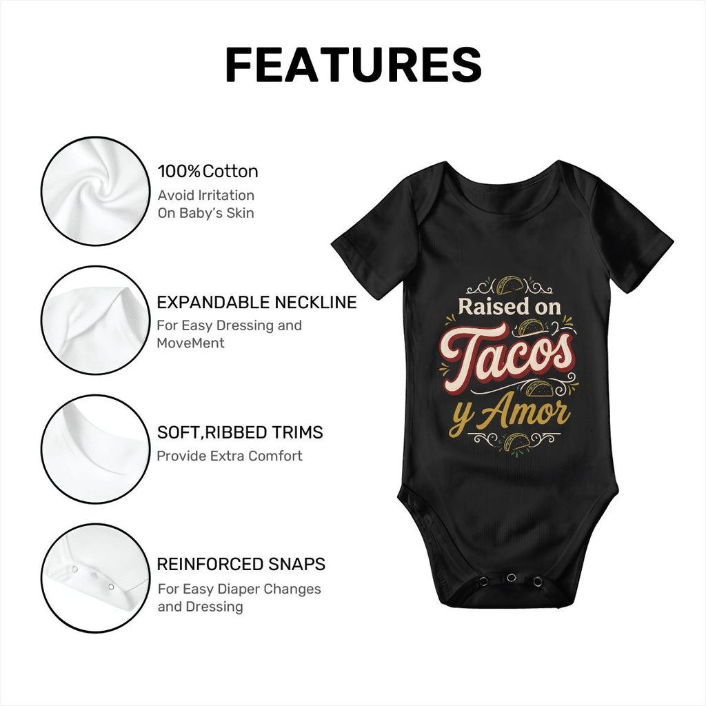 Raised on Tacos y Amor Baby Onesie – Funny Cultura Baby Bodysuit
