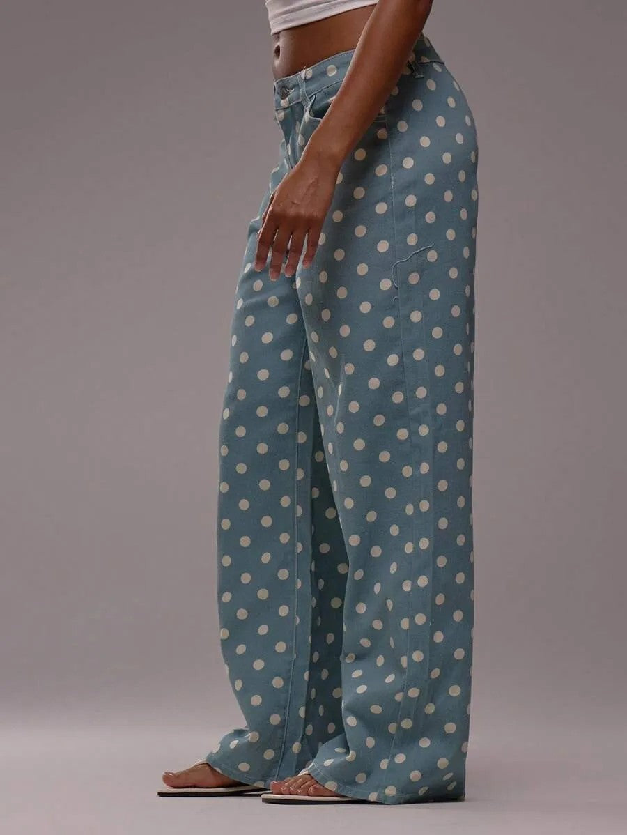 “Polka Dot Wide-Leg Pants – High-Waist Statement Fit”  Mid-rise Non-stretch Jeans