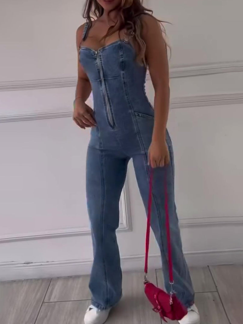 “Contour Fit Denim Jumpsuit – Sculpted Zip Front One-Piece”