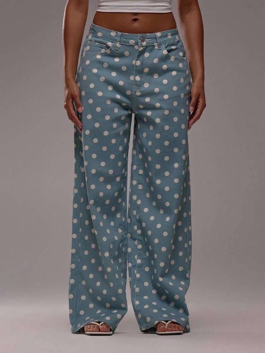 “Polka Dot Wide-Leg Pants – High-Waist Statement Fit”  Mid-rise Non-stretch Jeans