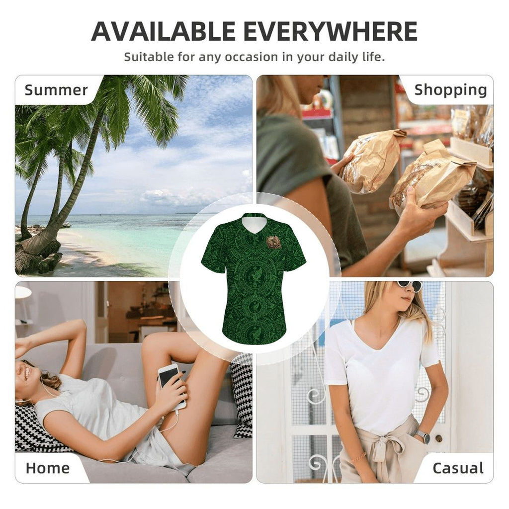 Women's México Heritage Green Performance Shirt | Aztec Soccer Lifestyle| Cultura Prints Co. V-Neck Short-Sleeve T-Shirt