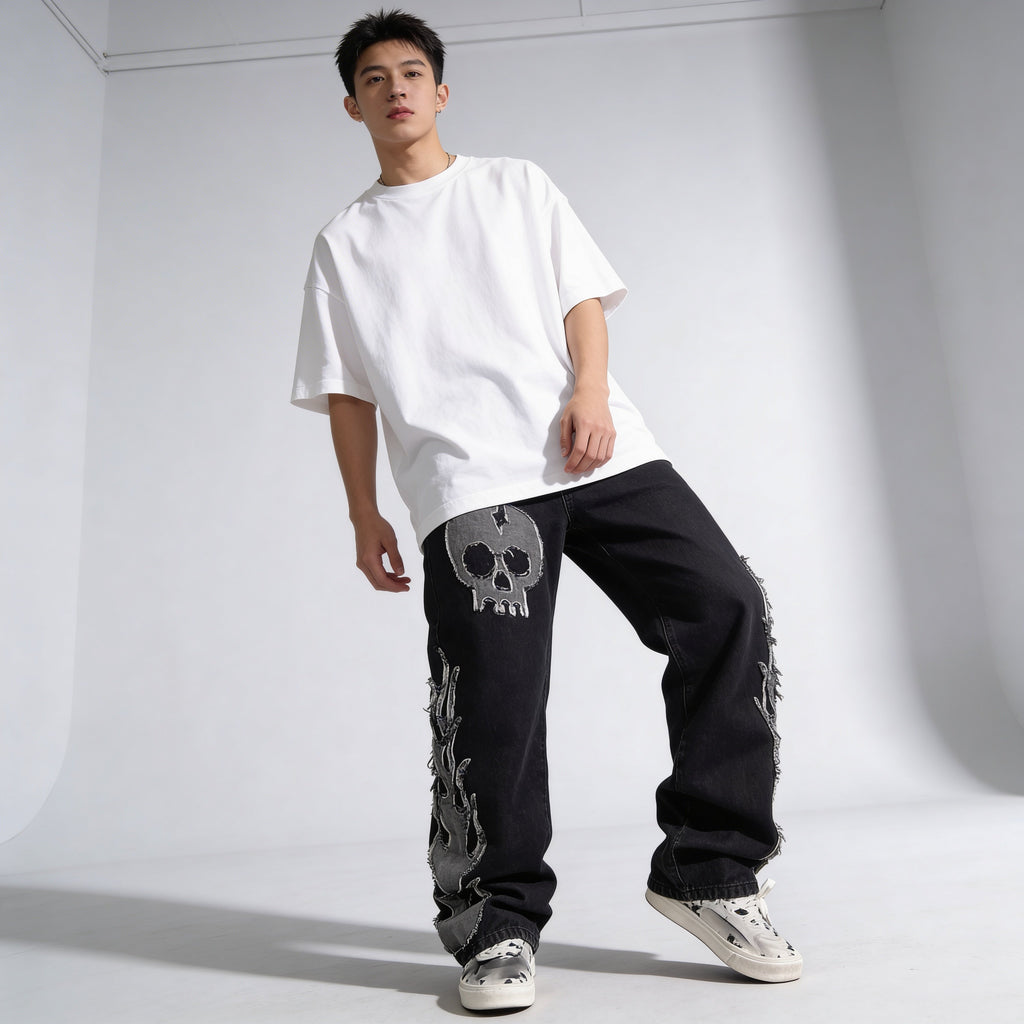 Skull Flame Streetwear Jeans – Loose Fit Graphic Denim (Unisex Alt Style)