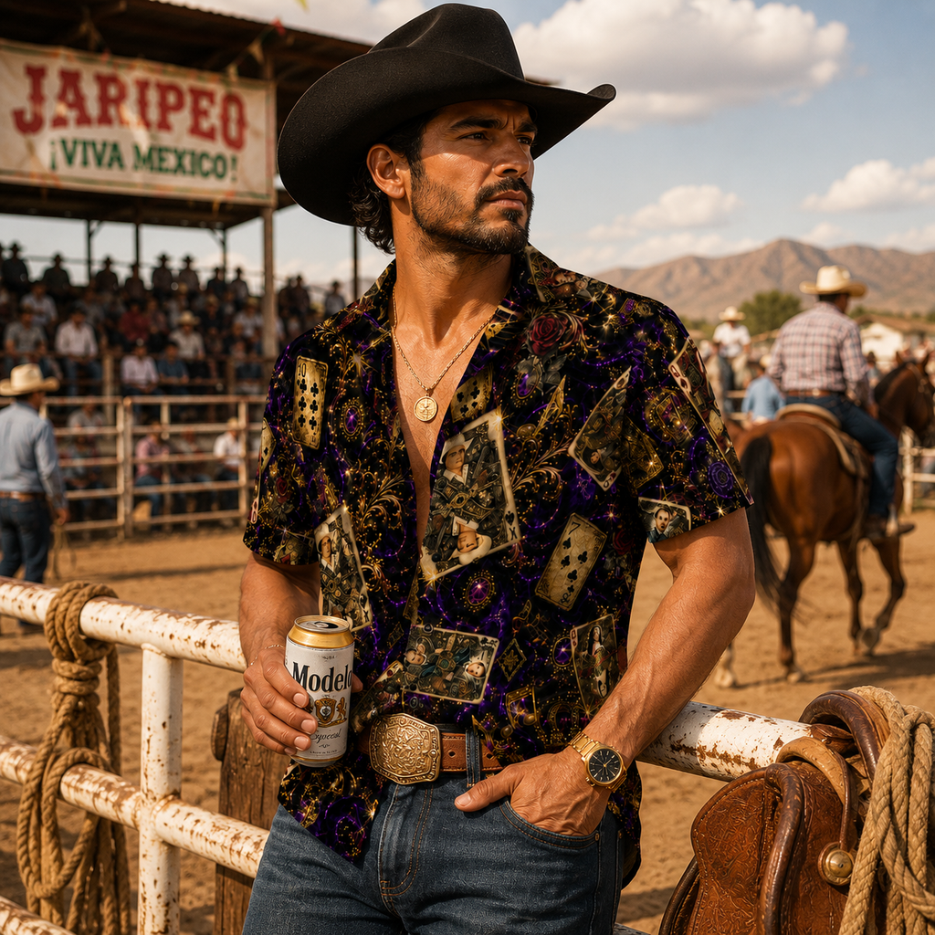 Men's Mexican Music Hawaiian Shirt | Playing Card Button Up | Ranchera, Banda & Corridos | Festival Shirt | Resort Wear-Sleeve Button-Down Shirt