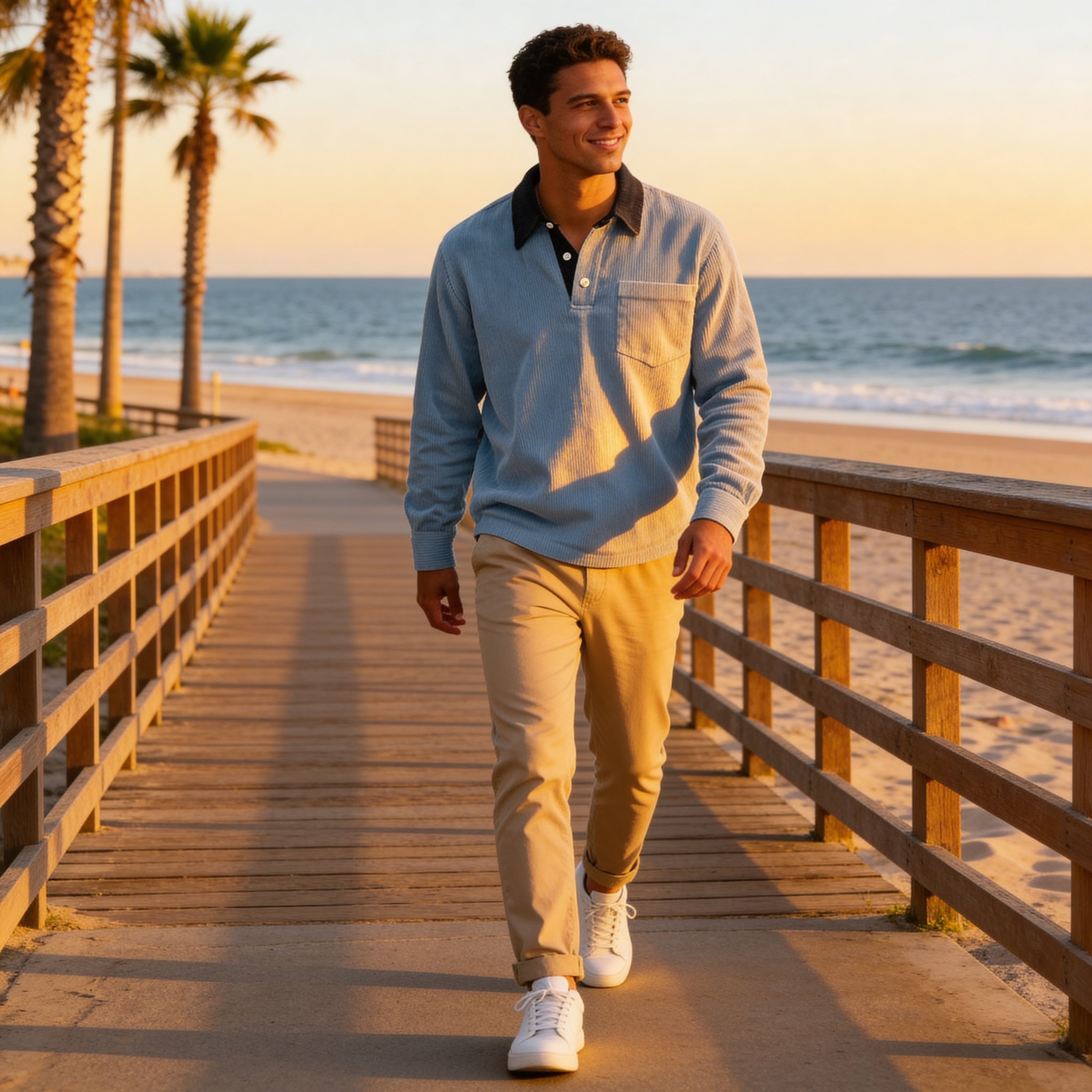 Men’s Vintage Corduroy Polo – Clean Fit Long Sleeve Shirt